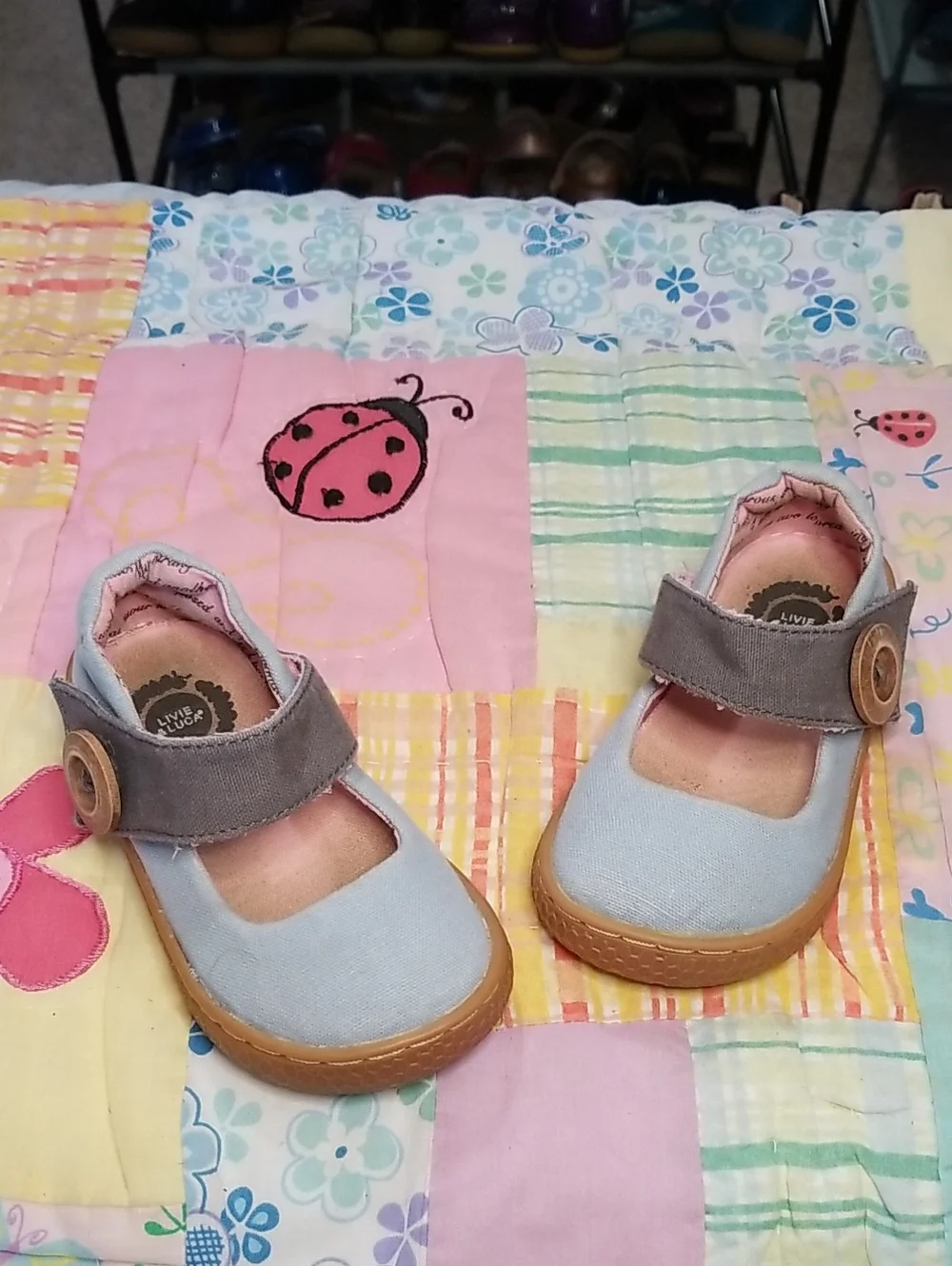 Livie & Luca Light Blue Canvas Mary Janes w/Gray Strap & Wood Buttons 5 Carta